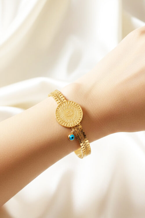 Regal Antique Gold Coin Bangle with Textured Band & Dangle Evil Eye Charm