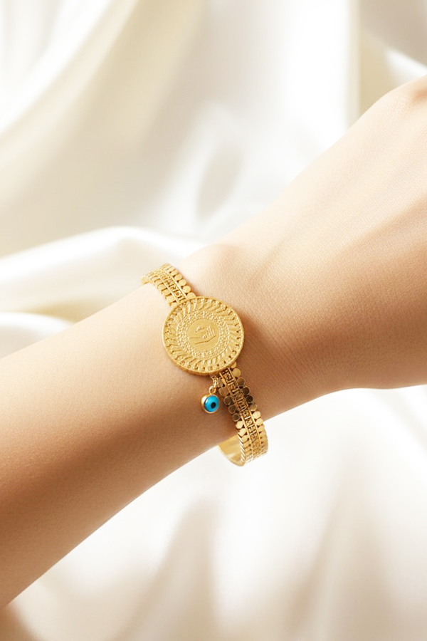 Regal Antique Gold Coin Bangle with Textured Band & Dangle Evil Eye Charm