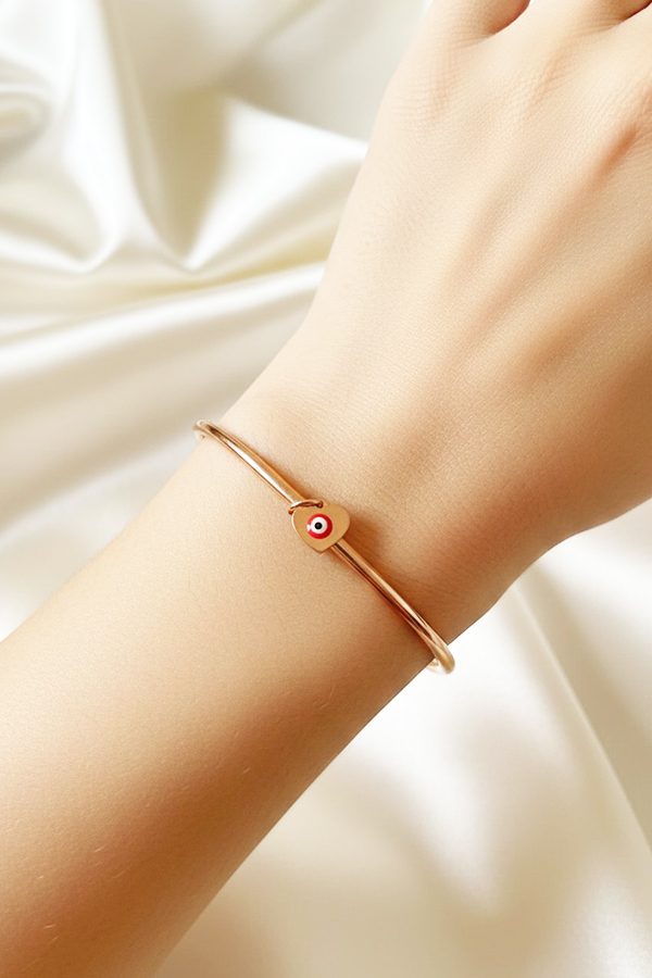 Minimalist Rose Gold Open Cuff Bangle with Red Heart Evil Eye Charm