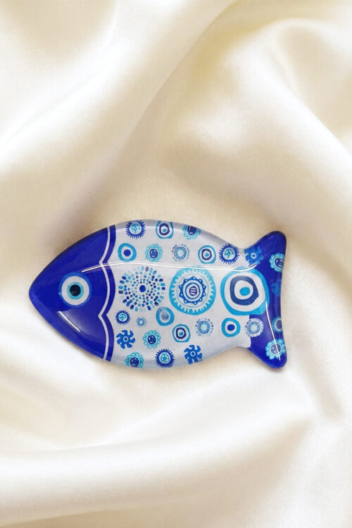 Artistic Blue Glass Fish Fridge Magnet with Patterned Evil Eye Design