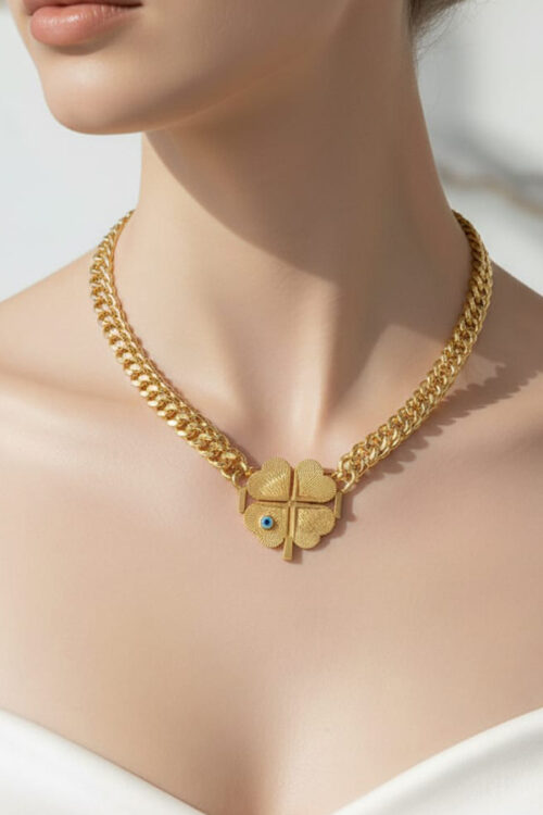 Bold Gold Four-Leaf Clover & Evil Eye Cuban Chain Necklace