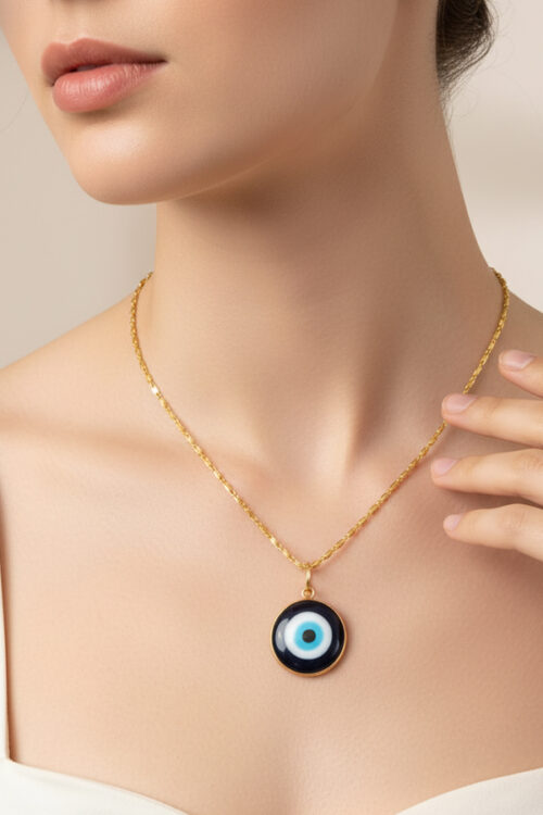 Classic Gold Medallion Evil Eye Necklace with Deep Blue Enamel
