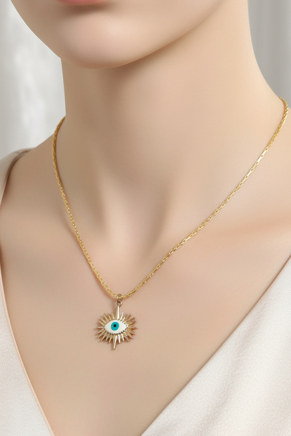 Artistic Gold Sunburst Evil Eye Pendant Necklace