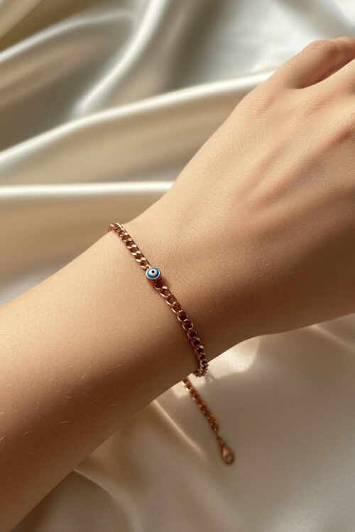Delicate Anti-Tarnish Rose Gold Micro Evil Eye Cuban Chain Bracelet