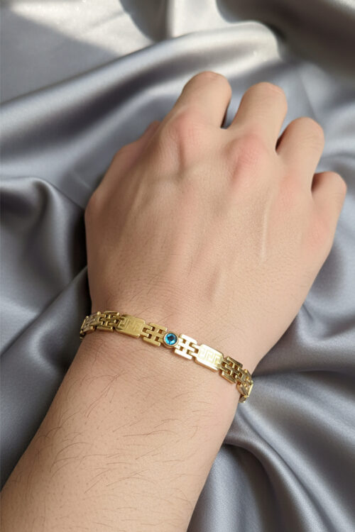 Bold Anti-Tarnish Gold Geometric Link Bracelet with Blue Evil Eye Gem