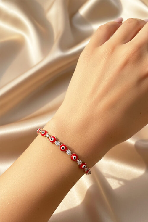 Dazzling Red Evil Eye Tennis Bracelet with Crystal Accents - Anti-Tarnish Finish