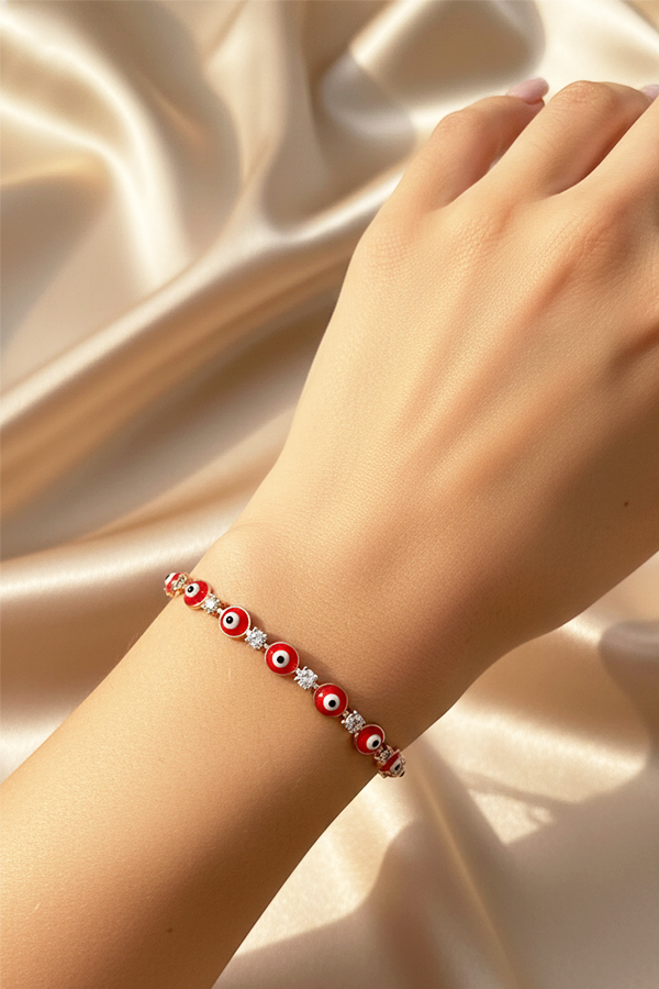 Dazzling Red Evil Eye Tennis Bracelet with Crystal Accents - Anti-Tarnish Finish