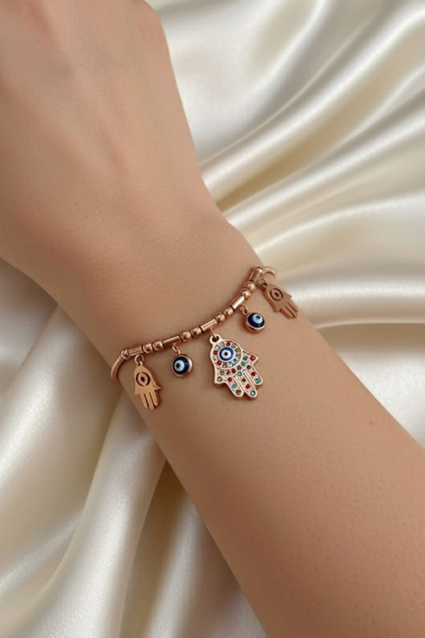 Luxurious Anti-Tarnish Rose Gold Hamsa & Evil Eye Charm Bracelet