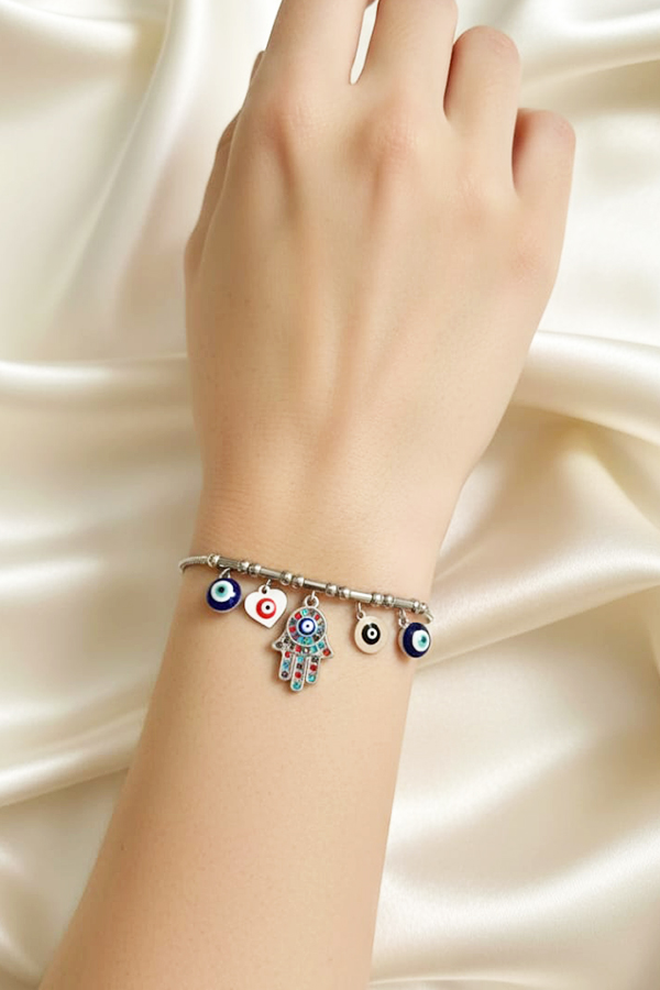 Silver Anti-Tarnish Dangle Charm Bracelet with Hamsa, Evil Eye & Heart