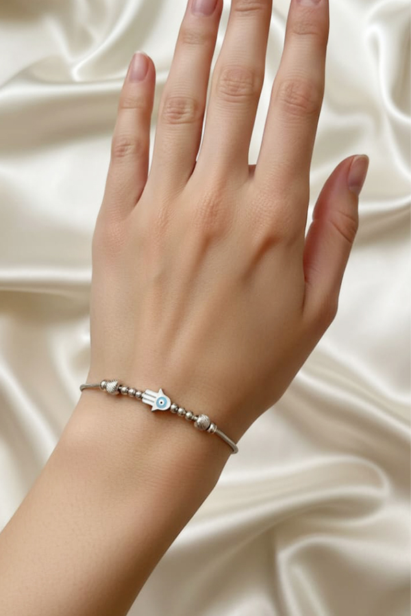 Delicate Anti-Tarnish Silver Hamsa Hand & Evil Eye Charm Bracelet