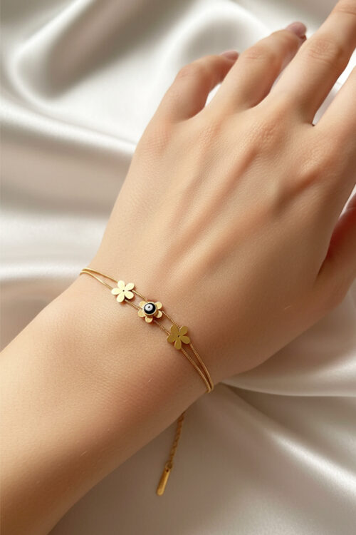 Delicate Anti-Tarnish Gold Double-Chain Flower & Evil Eye Bracelet