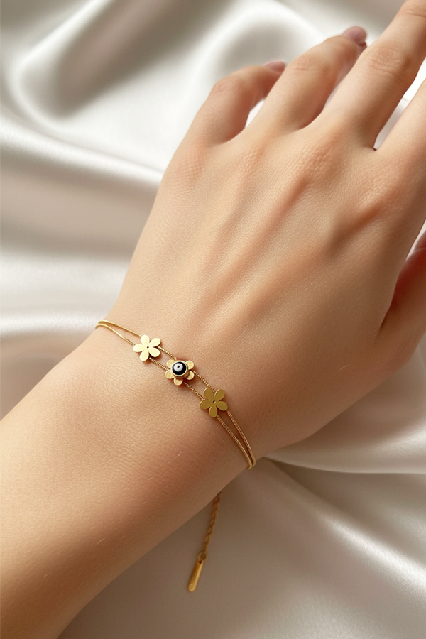 Delicate Anti-Tarnish Gold Double-Chain Flower & Evil Eye Bracelet