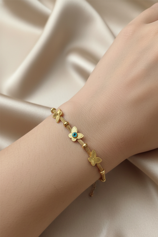 Charming Anti-Tarnish Gold Mesh Bracelet with Butterfly & Evil Eye Charms