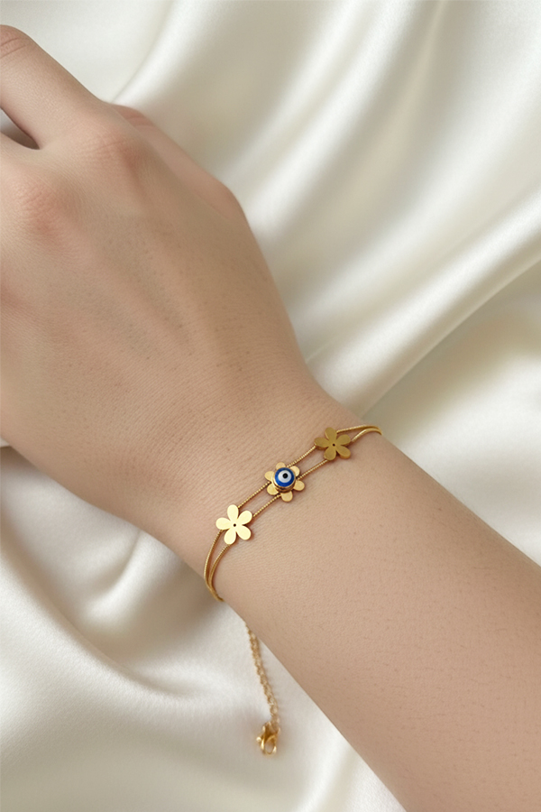 Delicate Anti-Tarnish Gold Double-Chain Flower & Evil Eye Bracelet