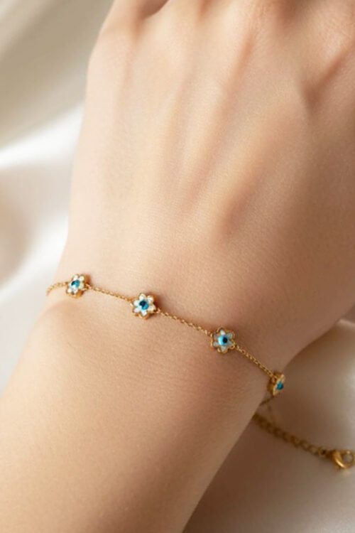 Delicate Gold Anti-Tarnish Floral Evil Eye Chain Bracelet