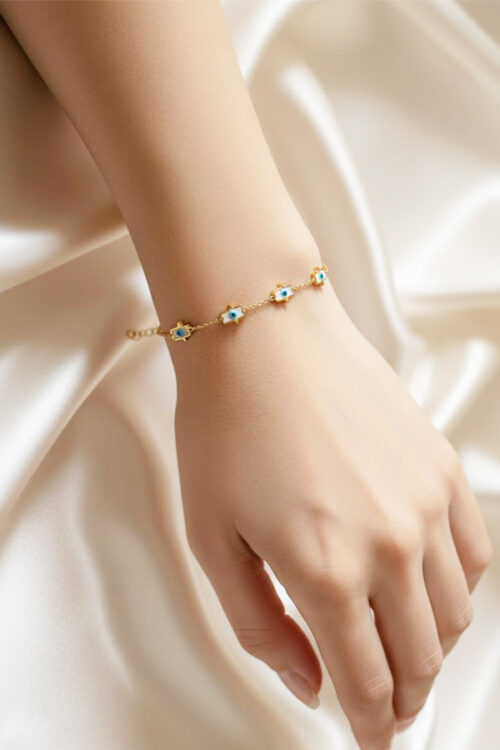 Delicate Anti-Tarnish Gold Hamsa Hand Charm Bracelet with Evil Eye