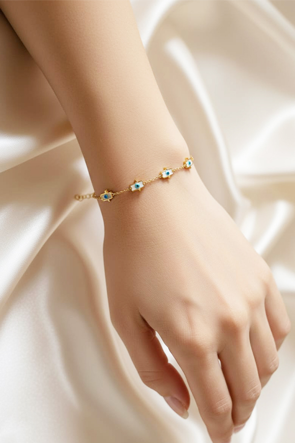 Delicate Anti-Tarnish Gold Hamsa Hand Charm Bracelet with Evil Eye