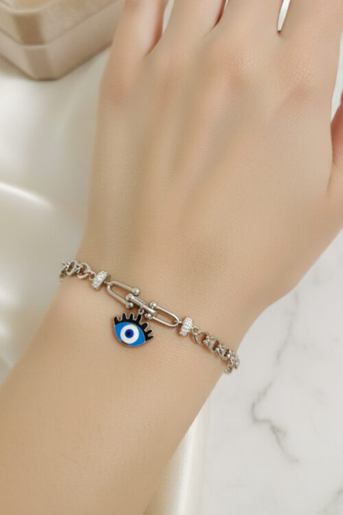 Chic Silver Anti-Tarnish Paperclip Link Bracelet with Dangle Evil Eye