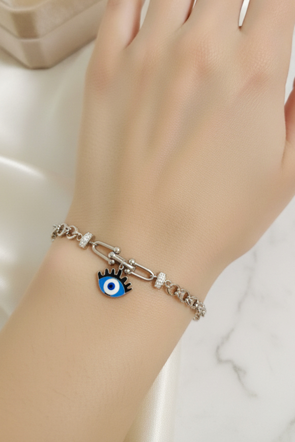 Chic Silver Anti-Tarnish Paperclip Link Bracelet with Dangle Evil Eye
