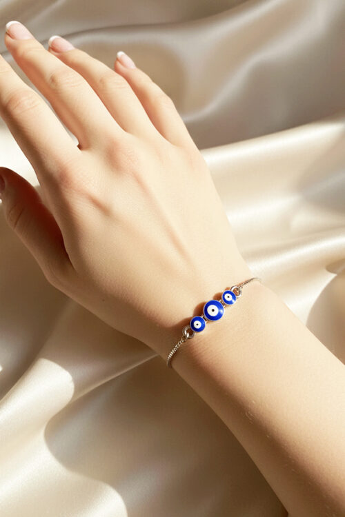 Classic Silver Adjustable Slider Bracelet with Trio of Evil Eye Charms