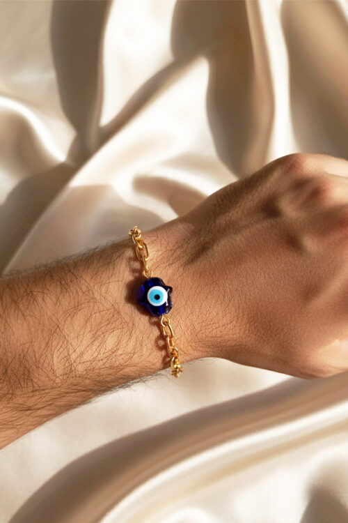Bold Gold Link Chain Bracelet with Blue Glass Hamsa Evil Eye