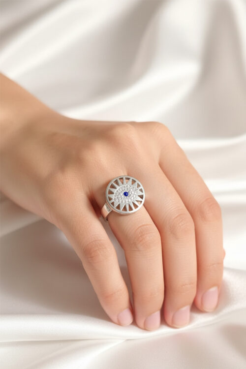 Stylish Silver Evil Eye Statement Ring – Dazzling Protection & Modern Elegance