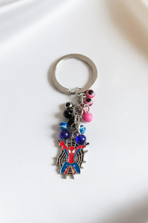 Superhero Charm Keychain with Spider-Man and Blue Evil Eye Beads