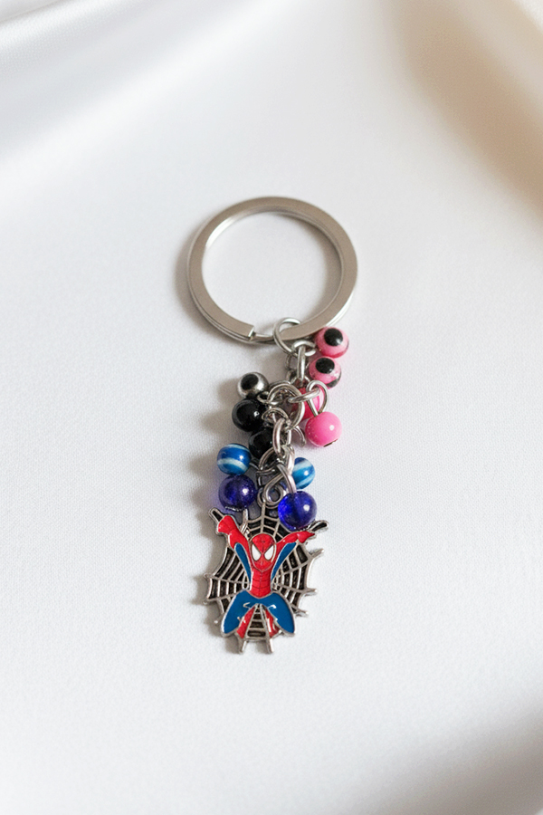 Superhero Charm Keychain with Spider-Man and Blue Evil Eye Beads