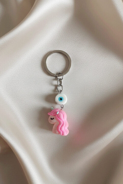 Whimsical Pink Unicorn Keychain with Protective Evil Eye Bead