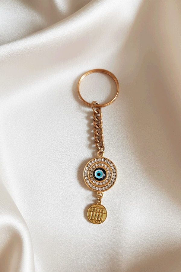 Luxurious Rose Gold Evil Eye Keychain with Pave Crystal and Lucky Coin