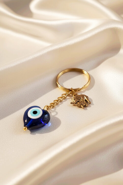 Luxurious Gold & Blue Heart Evil Eye Keychain with Lucky Elephant Charm