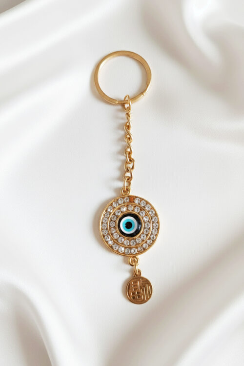 Luxurious Gold Evil Eye Keychain with Pave Crystal Halo and Fortune Charm