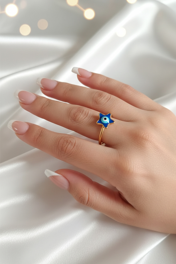 Blue Star Evil Eye Ring – Golden Charm of Luck and Protection