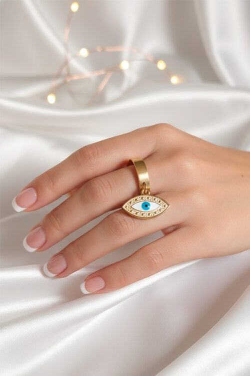 Elegant Gold Evil Eye Dangle Ring – Symbol of Style and Protection