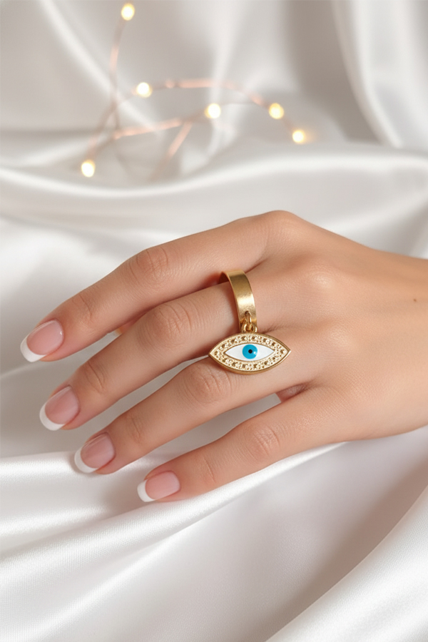 Elegant Gold Evil Eye Dangle Ring – Symbol of Style and Protection