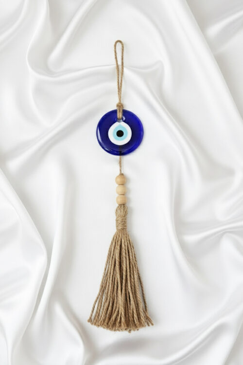 Authentic Turkish Glass Evil Eye Wall Hanging with Jute Tassel