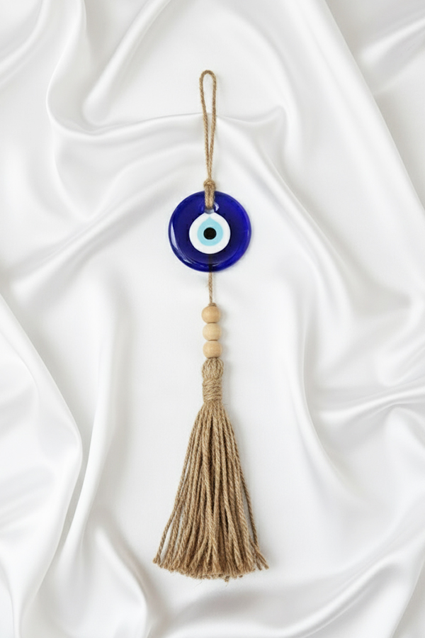 Authentic Turkish Glass Evil Eye Wall Hanging with Jute Tassel