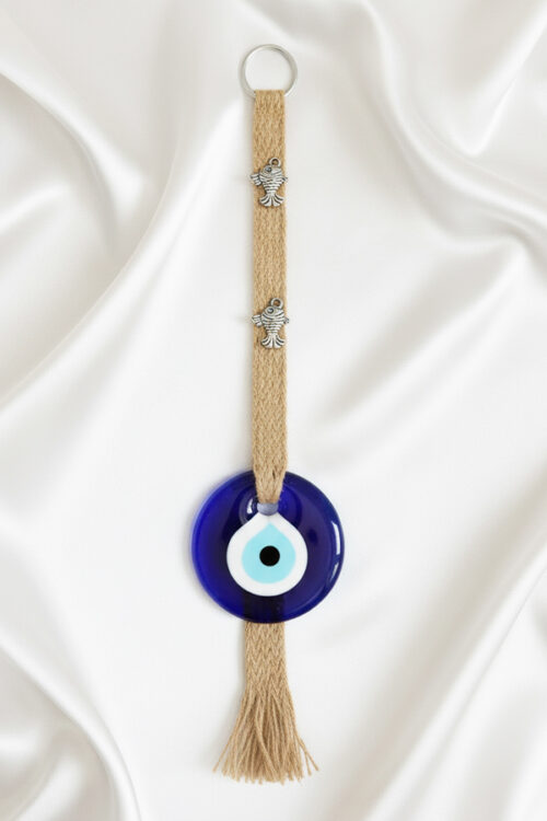 Traditional Turkish Glass Evil Eye Wall Hanging with Jute & Fish Charms