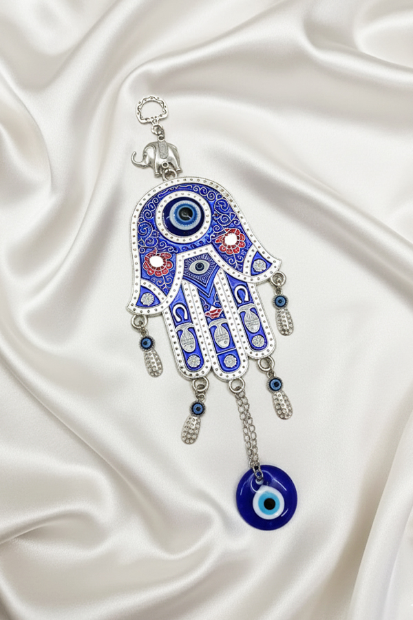 Intricate Silver Hamsa Hand Wall Hanging with Multiple Evil Eye Charms