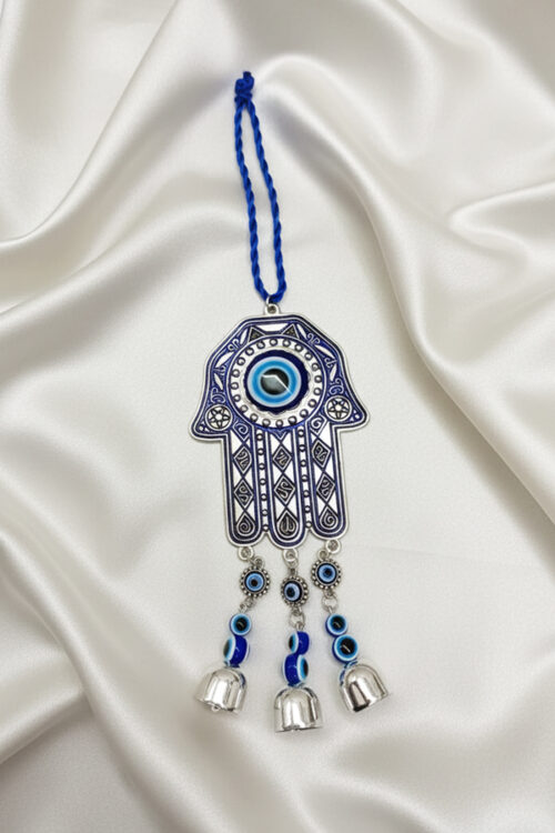 Detailed Silver Hamsa Hand Wall Hanging with Evil Eye Charms & Bells