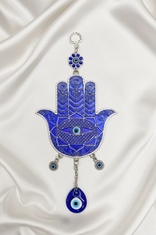 Striking Blue Enamel Hamsa Hand Wall Hanging with Evil Eye Protection