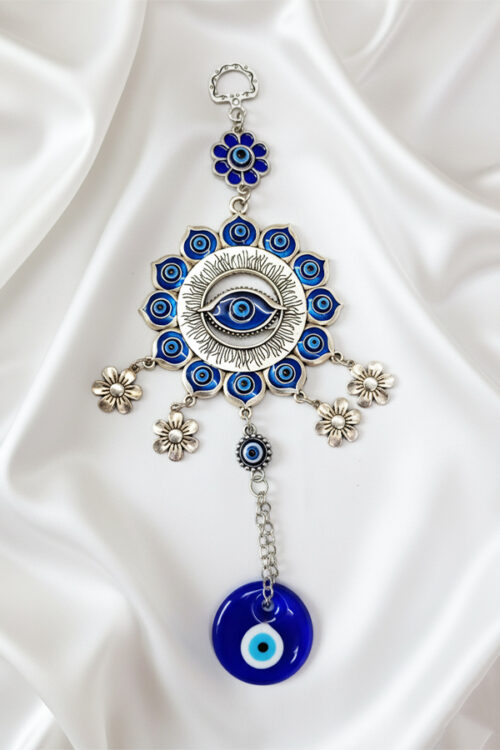Ornate Silver Flower Mandala Evil Eye Wall Hanging with Dangle Charms