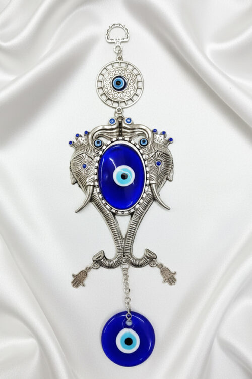 Ornate Silver Elephant & Evil Eye Wall Hanging with Hamsa Charms