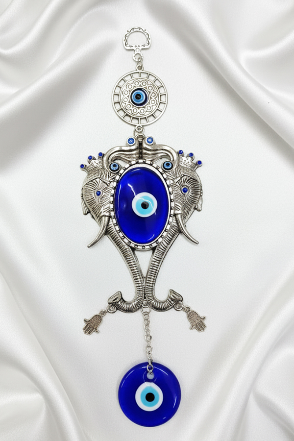 Ornate Silver Elephant & Evil Eye Wall Hanging with Hamsa Charms