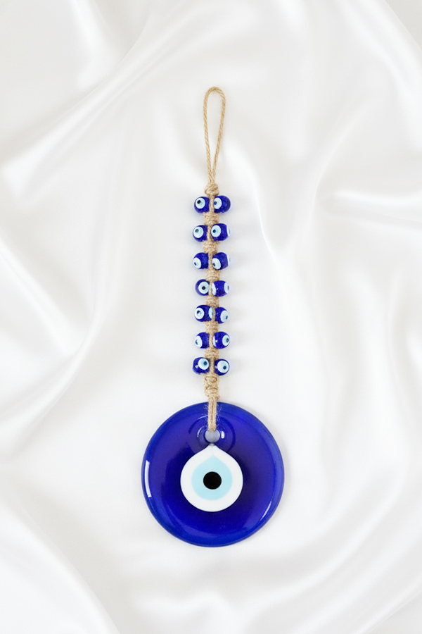 Traditional Turkish Blue Glass Evil Eye Wall Hanging with Beaded Chain