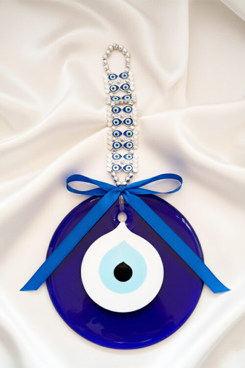 Grand Turkish Glass Evil Eye Wall Hanging with Crystal Pave Link & Ribbon