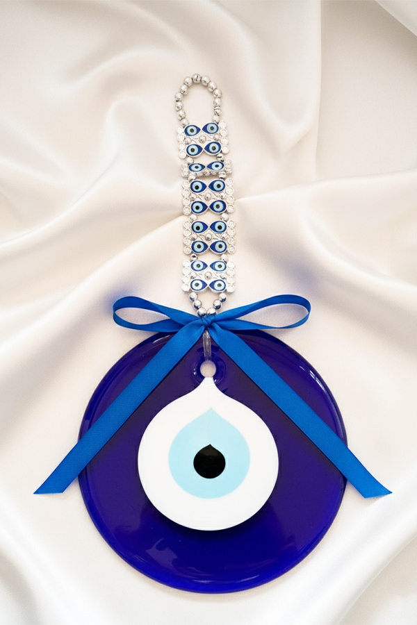 Grand Turkish Glass Evil Eye Wall Hanging with Crystal Pave Link & Ribbon