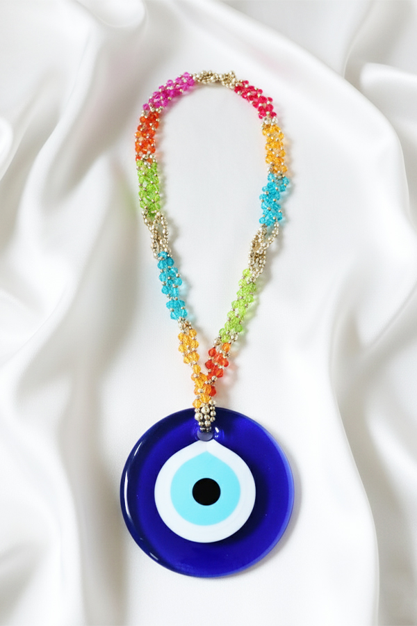 Rainbow Beaded Evil Eye Wall Hanging with Large Glass Nazar
