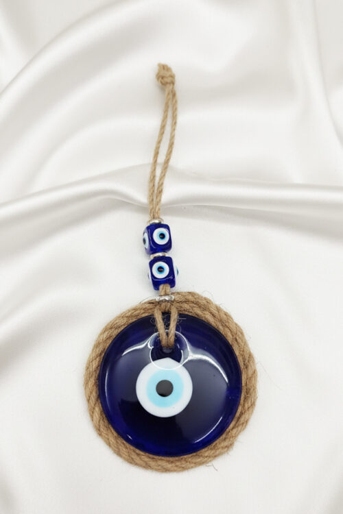 Rustic Jute-Framed Glass Evil Eye Wall Hanging with Accent Beads