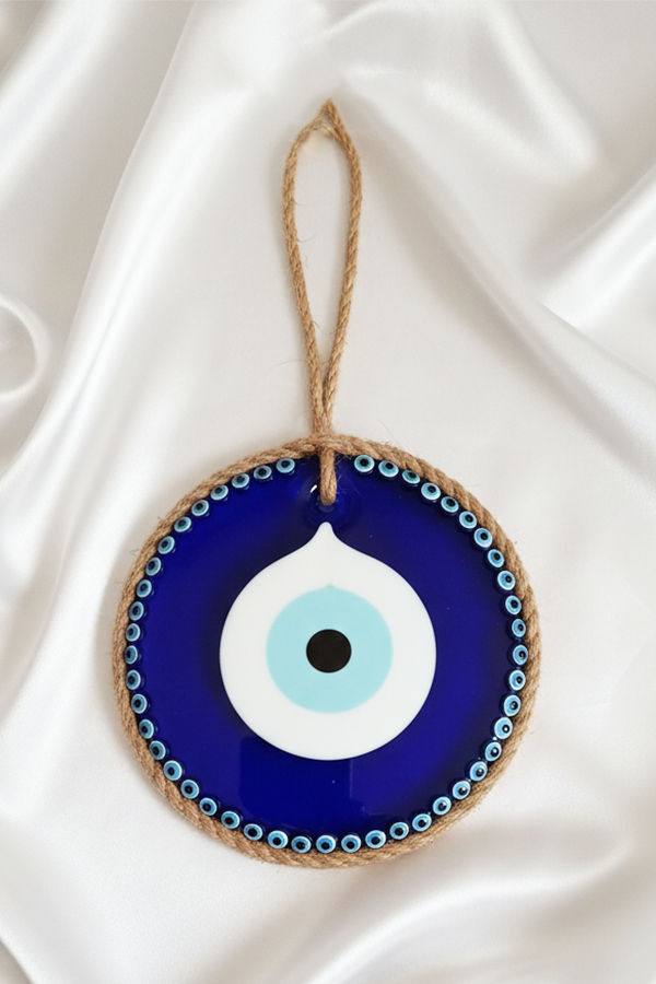 Hand-Decorated Jute & Bead Framed Glass Evil Eye Wall Hanging